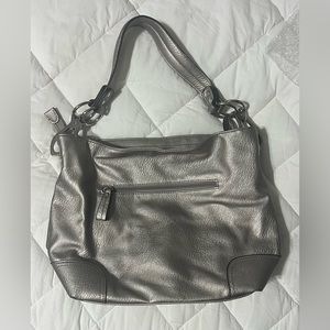 Gray leather shoulder bag. Cross posted.